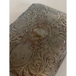 ANTICA SCATOLA TASCA METALLO ARGENTATO DECORO inciso SPECCHIO TRUCCO