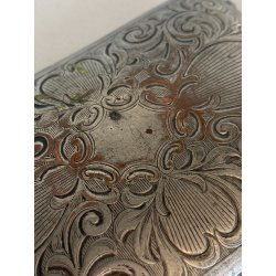 ANTICA SCATOLA TASCA METALLO ARGENTATO DECORO inciso SPECCHIO TRUCCO