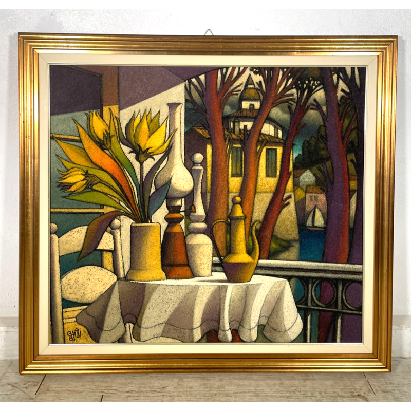 GRANDE QUADRO FIRMATO Caizzi DIPINTO ACRILICO TELA Belgirate '84 FIORI VASO LUME
