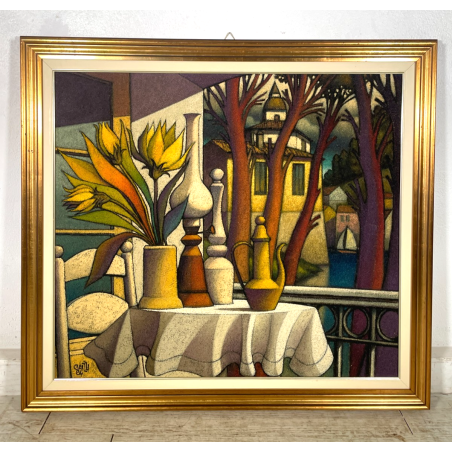 GRANDE QUADRO FIRMATO Caizzi DIPINTO ACRILICO TELA Belgirate '84 FIORI VASO LUME