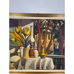 GRANDE QUADRO FIRMATO Caizzi DIPINTO ACRILICO TELA Belgirate '84 FIORI VASO LUME