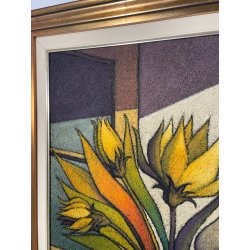GRANDE QUADRO FIRMATO Caizzi DIPINTO ACRILICO TELA Belgirate '84 FIORI VASO LUME
