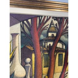 GRANDE QUADRO FIRMATO Caizzi DIPINTO ACRILICO TELA Belgirate '84 FIORI VASO LUME