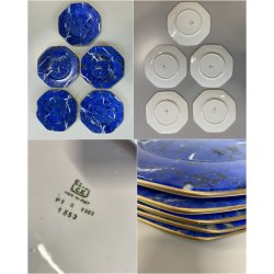 SET 5 SOTTOPIATTI ESAGONALI ESTE C.E Ceramica VINTAGE BLU LAPISLAZZULO ORO ø32cm