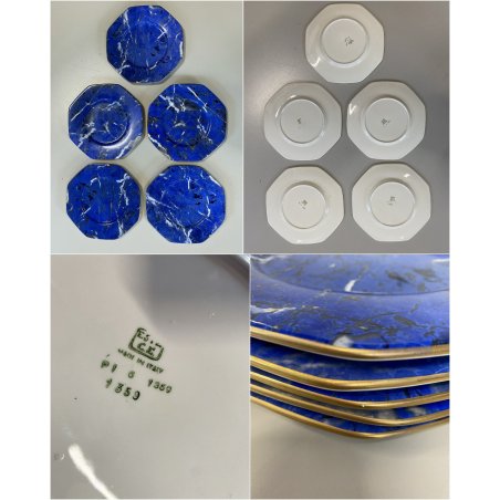 SET 5 SOTTOPIATTI ESAGONALI ESTE C.E Ceramica VINTAGE BLU LAPISLAZZULO ORO ø32cm