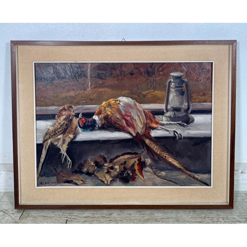 QUADRO DIPINTO Carlo Monti NATURA MORTA UCCELLI LANTERNA ARONA SELVAGGINA TELA