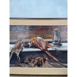 QUADRO DIPINTO Carlo Monti NATURA MORTA UCCELLI LANTERNA ARONA SELVAGGINA TELA