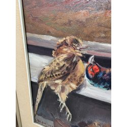 QUADRO DIPINTO Carlo Monti NATURA MORTA UCCELLI LANTERNA ARONA SELVAGGINA TELA