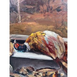 QUADRO DIPINTO Carlo Monti NATURA MORTA UCCELLI LANTERNA ARONA SELVAGGINA TELA