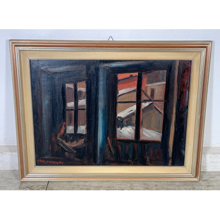 QUADRO DIPINTO Carlo Monti VEDUTA FINESTRE CASE NEVICATA ARONA ANNI 50 OLIO TELA