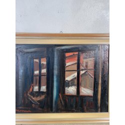 QUADRO DIPINTO Carlo Monti VEDUTA FINESTRE CASE NEVICATA ARONA ANNI 50 OLIO TELA