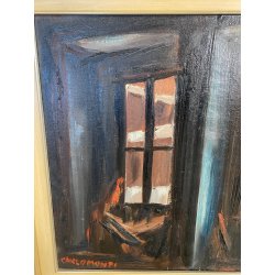QUADRO DIPINTO Carlo Monti VEDUTA FINESTRE CASE NEVICATA ARONA ANNI 50 OLIO TELA