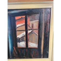 QUADRO DIPINTO Carlo Monti VEDUTA FINESTRE CASE NEVICATA ARONA ANNI 50 OLIO TELA