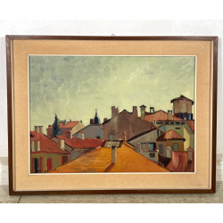 QUADRO DIPINTO Carlo Monti VEDUTA TETTI CASE CORSO DI ARONA ANNI 50 OLIO TELA