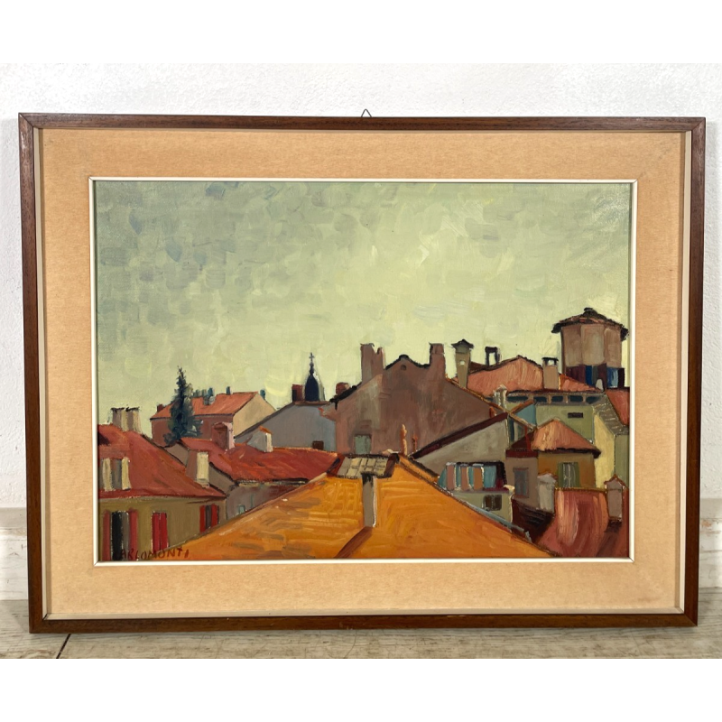 QUADRO DIPINTO Carlo Monti VEDUTA TETTI CASE CORSO DI ARONA ANNI 50 OLIO TELA