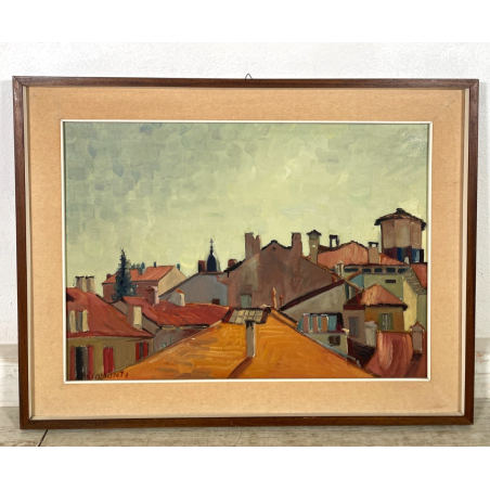 QUADRO DIPINTO Carlo Monti VEDUTA TETTI CASE CORSO DI ARONA ANNI 50 OLIO TELA