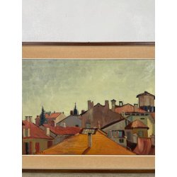 QUADRO DIPINTO Carlo Monti VEDUTA TETTI CASE CORSO DI ARONA ANNI 50 OLIO TELA