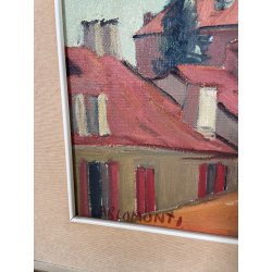 QUADRO DIPINTO Carlo Monti VEDUTA TETTI CASE CORSO DI ARONA ANNI 50 OLIO TELA