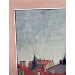 QUADRO DIPINTO Carlo Monti VEDUTA TETTI CASE CORSO DI ARONA ANNI 50 OLIO TELA