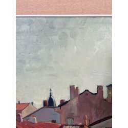 QUADRO DIPINTO Carlo Monti VEDUTA TETTI CASE CORSO DI ARONA ANNI 50 OLIO TELA