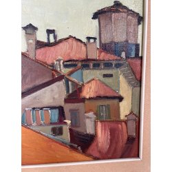 QUADRO DIPINTO Carlo Monti VEDUTA TETTI CASE CORSO DI ARONA ANNI 50 OLIO TELA