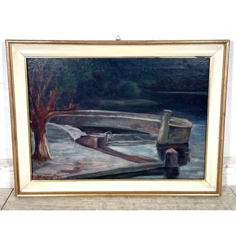 QUADRO DIPINTO Carlo Monti VEDUTA DARSENA BARCA LAGO MAGGIORE ARONA ANNI 50 TELA