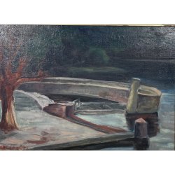 QUADRO DIPINTO Carlo Monti VEDUTA DARSENA BARCA LAGO MAGGIORE ARONA ANNI 50 TELA