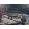 QUADRO DIPINTO Carlo Monti VEDUTA DARSENA BARCA LAGO MAGGIORE ARONA ANNI 50 TELA