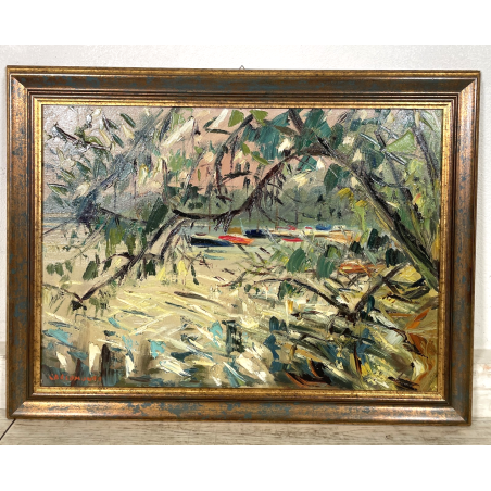 QUADRO DIPINTO Carlo Monti VEDUTA CORSO EUROPA BARCHE PORTO ARONA 2000 OLIO TELA