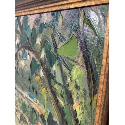 QUADRO DIPINTO Carlo Monti VEDUTA CORSO EUROPA BARCHE PORTO ARONA 2000 OLIO TELA