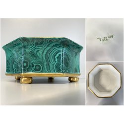 VASO OTTAGONALE CERAMICA ESTE C.E. DISEGNO MALACHITE VERDE ORO ø 25 H 10,5 cm