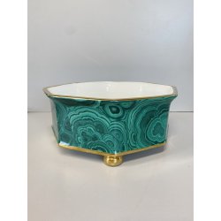 VASO OTTAGONALE CERAMICA ESTE C.E. DISEGNO MALACHITE VERDE ORO ø 25 H 10,5 cm