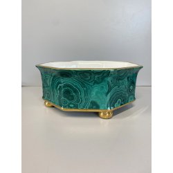 VASO OTTAGONALE CERAMICA ESTE C.E. DISEGNO MALACHITE VERDE ORO ø 25 H 10,5 cm