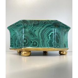VASO OTTAGONALE CERAMICA ESTE C.E. DISEGNO MALACHITE VERDE ORO ø 25 H 10,5 cm