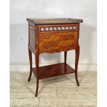 ANTICO COMODINO FRANCESE STILE LUIGI XVI LEGNO PRIMI 1900 2 CASSETTI PORCELLANA