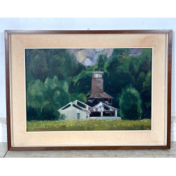 QUADRO DIPINTO Carlo Monti VEDUTA PAESAGGIO FABBRICA CASCINA ANNI 70 OLIO TELA