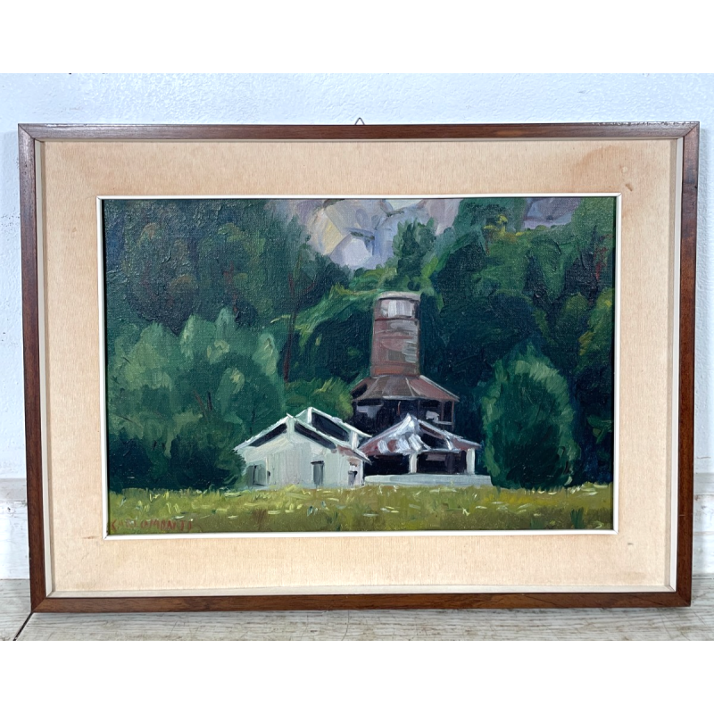 QUADRO DIPINTO Carlo Monti VEDUTA PAESAGGIO FABBRICA CASCINA ANNI 70 OLIO TELA