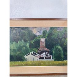 QUADRO DIPINTO Carlo Monti VEDUTA PAESAGGIO FABBRICA CASCINA ANNI 70 OLIO TELA