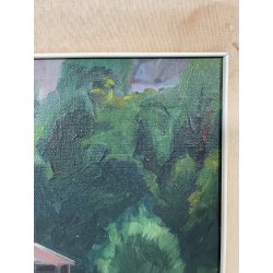 QUADRO DIPINTO Carlo Monti VEDUTA PAESAGGIO FABBRICA CASCINA ANNI 70 OLIO TELA