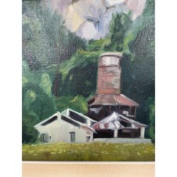 QUADRO DIPINTO Carlo Monti VEDUTA PAESAGGIO FABBRICA CASCINA ANNI 70 OLIO TELA