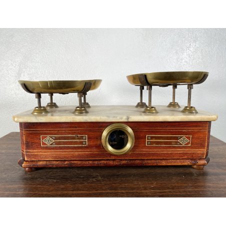 ANTICA BILANCIA BANCO SABAUDA ROBERVAL DUE PIATTI PORTATA 2 KG LEGNO MARMO '800