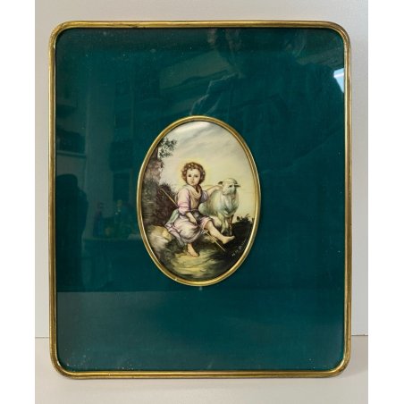 MINIATURA OLIO CERAMICA GESù BAMBINO Il Buon Pastore N.M.  Raschi RELIGIOSO '900