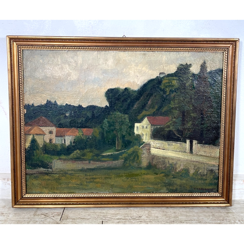 ANTICO QUADRO DIPINTO Carlo Monti VEDUTA ROCCA DI ARONA LAGO MAGGIORE ANNI 60