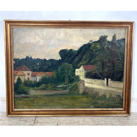 ANTICO QUADRO DIPINTO Carlo Monti VEDUTA ROCCA DI ARONA LAGO MAGGIORE ANNI 60