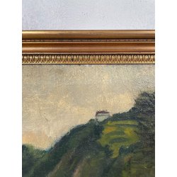 ANTICO QUADRO DIPINTO Carlo Monti VEDUTA ROCCA DI ARONA LAGO MAGGIORE ANNI 60