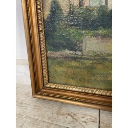ANTICO QUADRO DIPINTO Carlo Monti VEDUTA ROCCA DI ARONA LAGO MAGGIORE ANNI 60