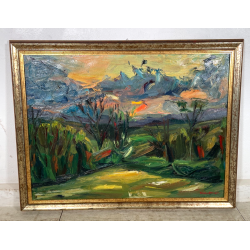 QUADRO DIPINTO MATERICO Carlo Monti VEDUTA PAESAGGIO COLLINARE TRAMONTO