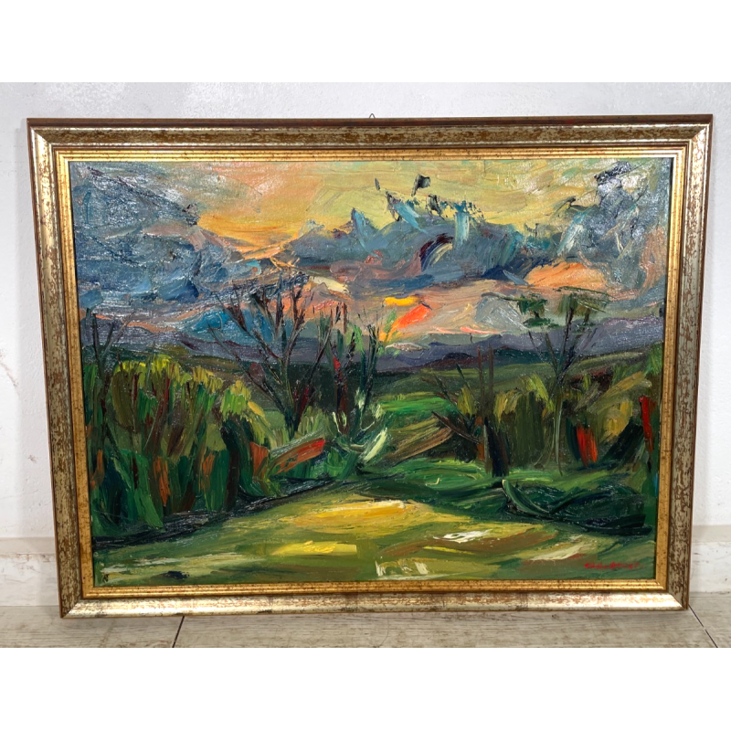 QUADRO DIPINTO MATERICO Carlo Monti VEDUTA PAESAGGIO COLLINARE TRAMONTO