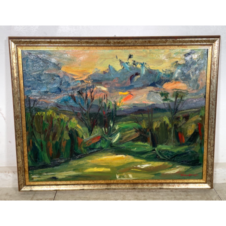 QUADRO DIPINTO MATERICO Carlo Monti VEDUTA PAESAGGIO COLLINARE TRAMONTO