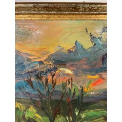 QUADRO DIPINTO MATERICO Carlo Monti VEDUTA PAESAGGIO COLLINARE TRAMONTO